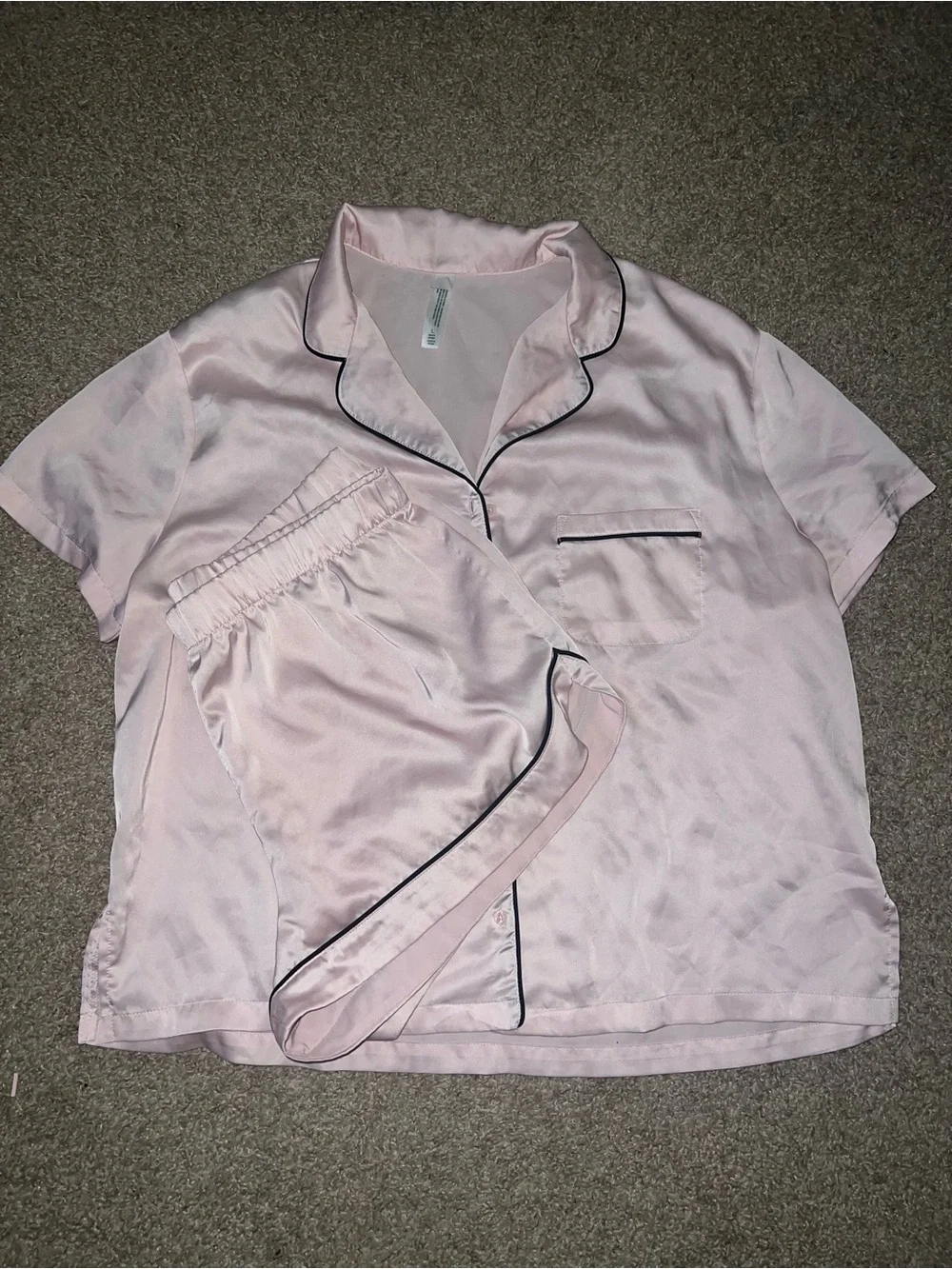 wild fable Light Pink Satin Short-Sleeve Pajama Set with Black Piping